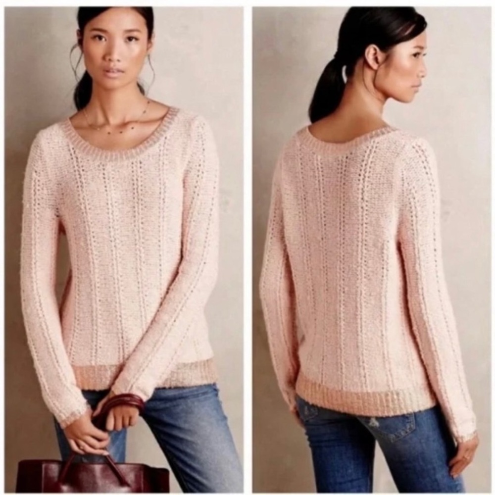 Anthro Moth Metallic Gold Wool Blend Rose Pink Chunky Open Knit Pullover Sweater - Picture 1 of 9